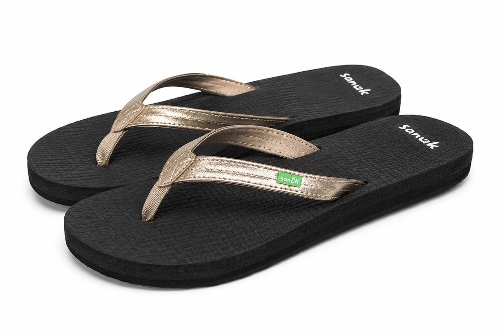 Sanuk Yoga Spree 4 Flip Flops Black Yoga Mat Metallic Straps Slippers Womens 10